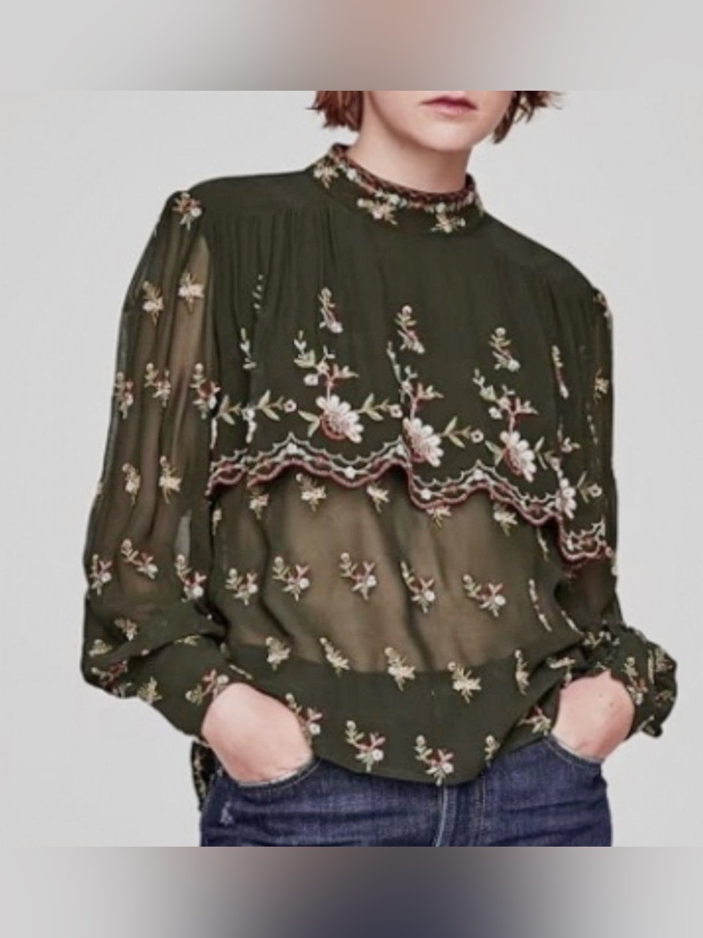 ZARA Premium Denim Collection Embroidered Boho Sheer Long Sleeve Blouse Large